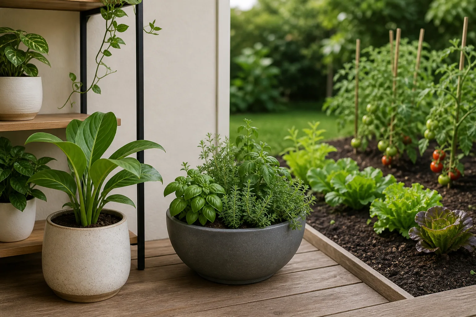 Raised vegetable bed beside container plants, showing the difference between garden soil and container-style growing media
