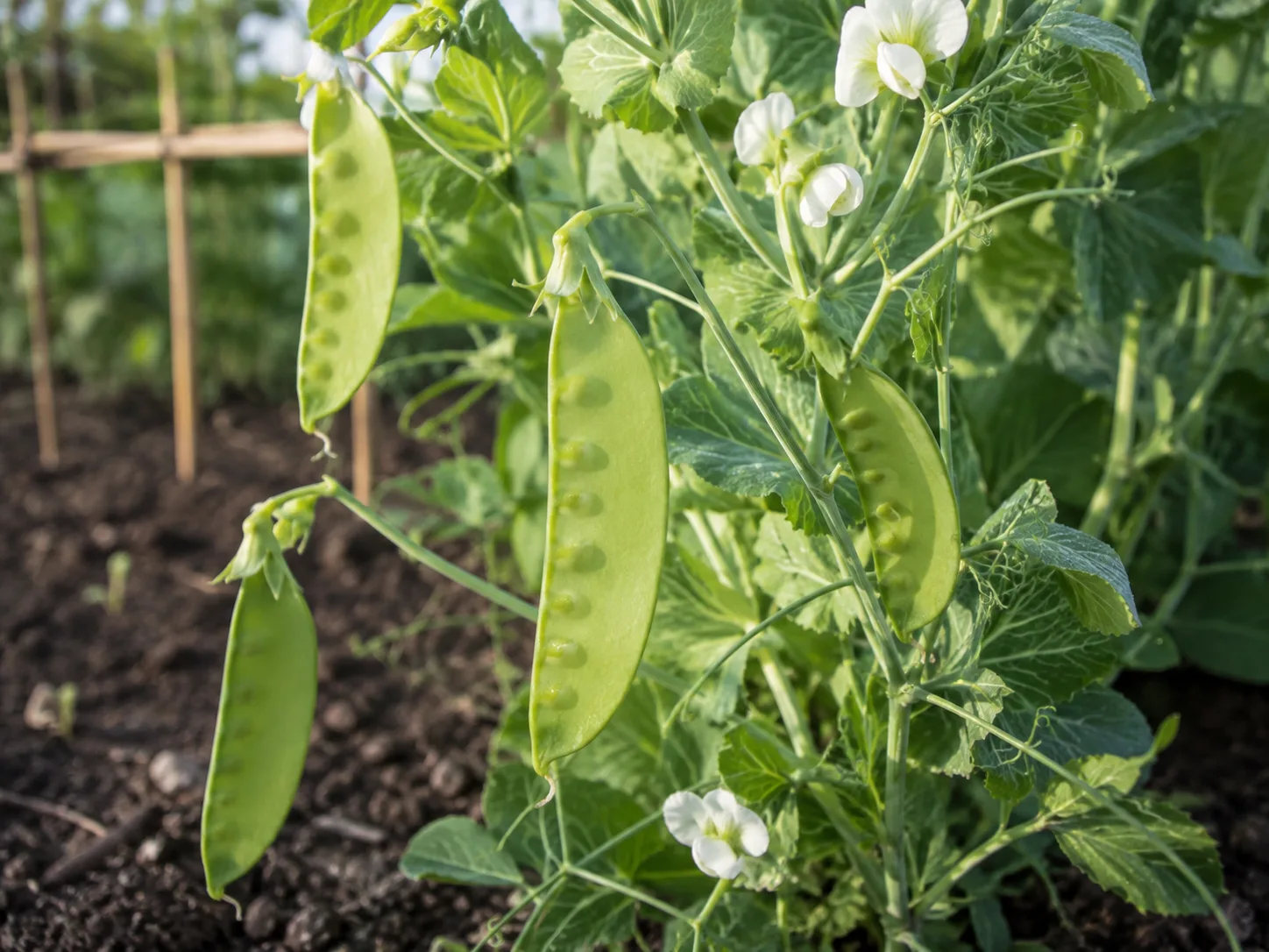 Flat snow pea pods ready to pick on a trellised vine