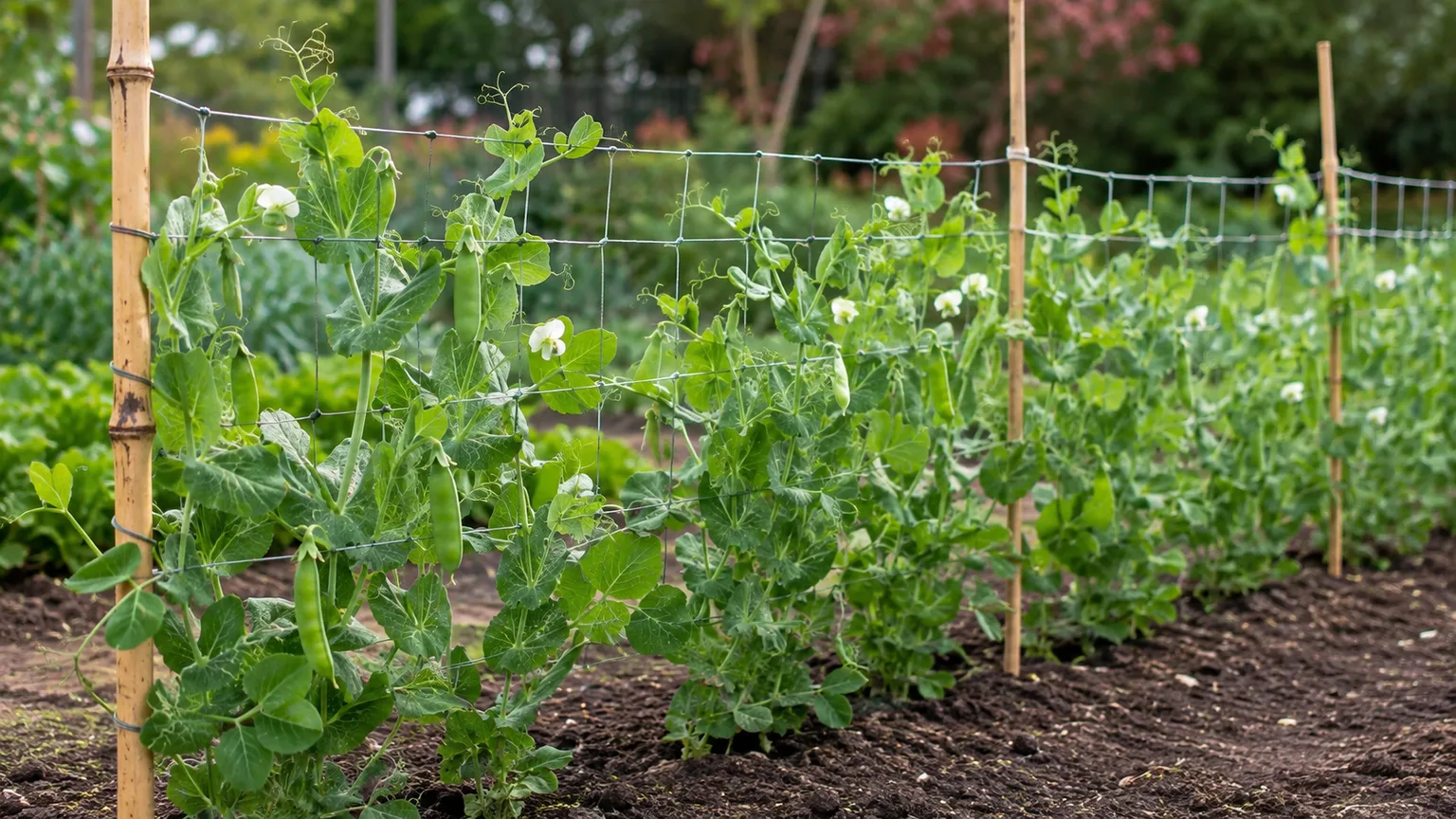 Pea vines climbing a mesh trellis held between bamboo stakes