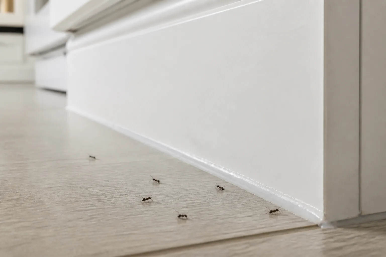 Ants following a baseboard entry route beside a sealed window edge