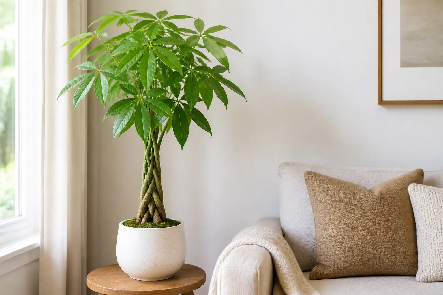 Braided money tree beside a sofa in a bright indoor corner.