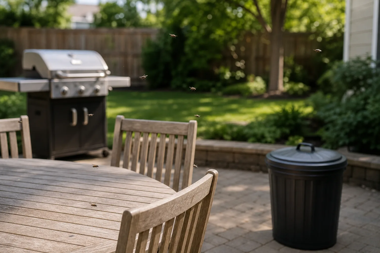 Backyard grill, dining table, and lidded trash can with flies gathering outdoors