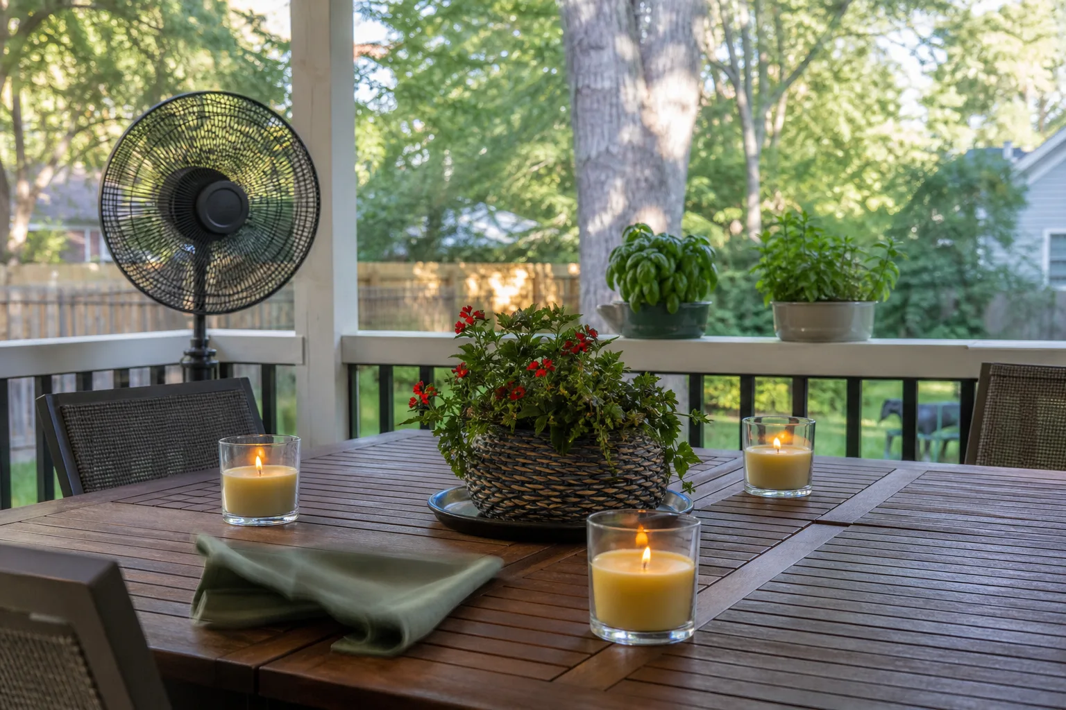 An outdoor table with a circulating fan and container herbs creating a breezier seating area