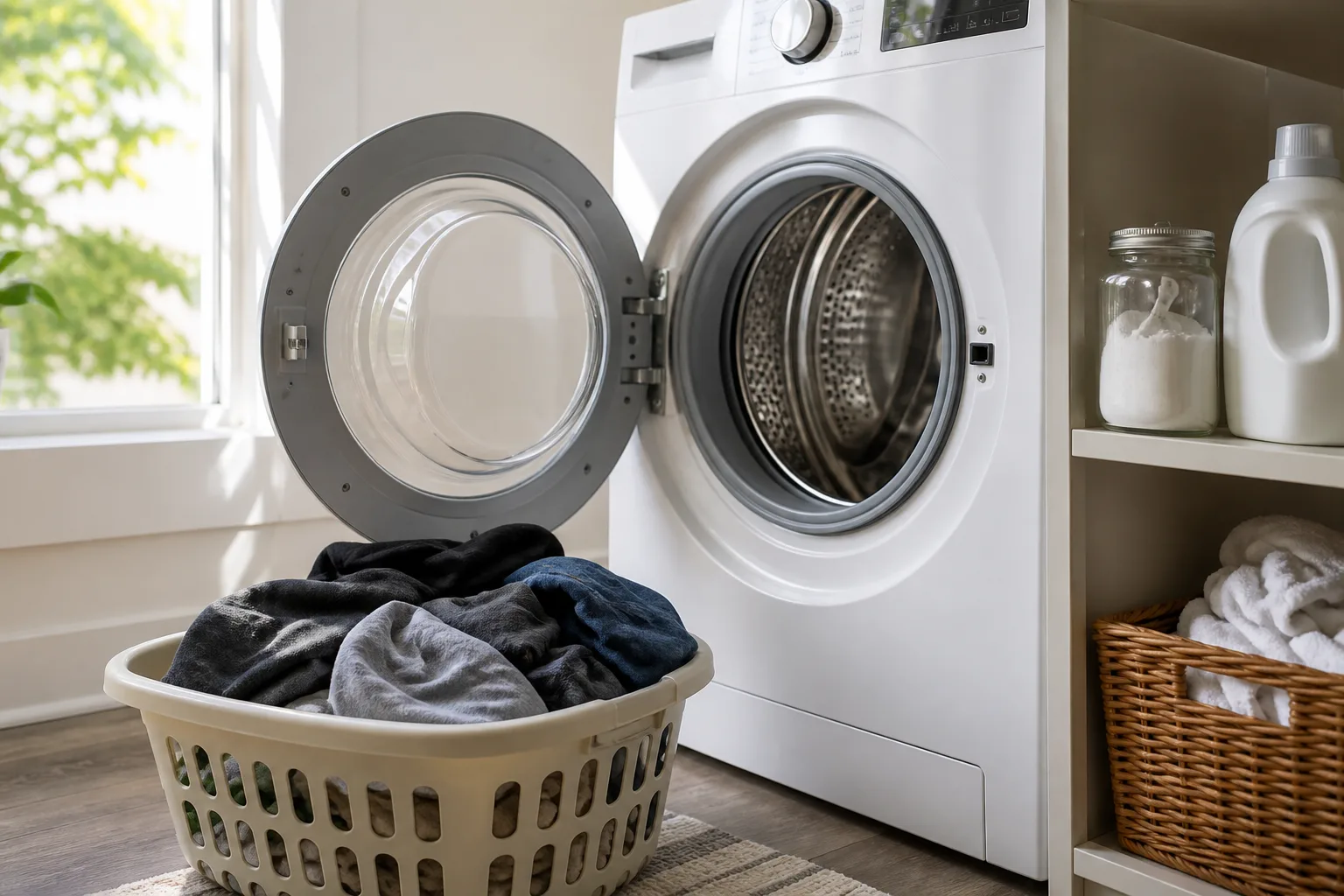 A load of clothing being washed in a front-loading washer