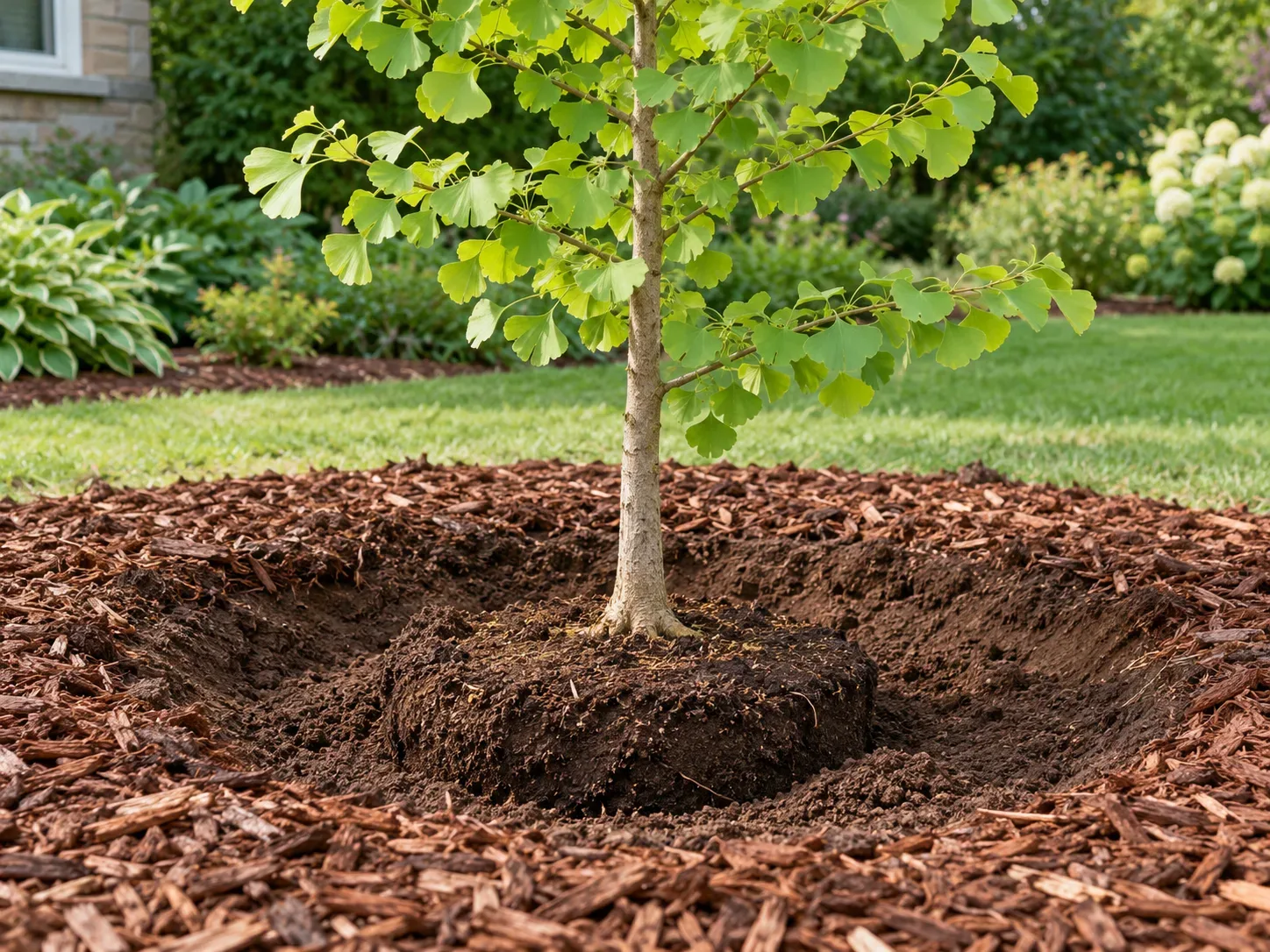 Young ginkgo planted with its root flare visible and mulch kept away from the trunk