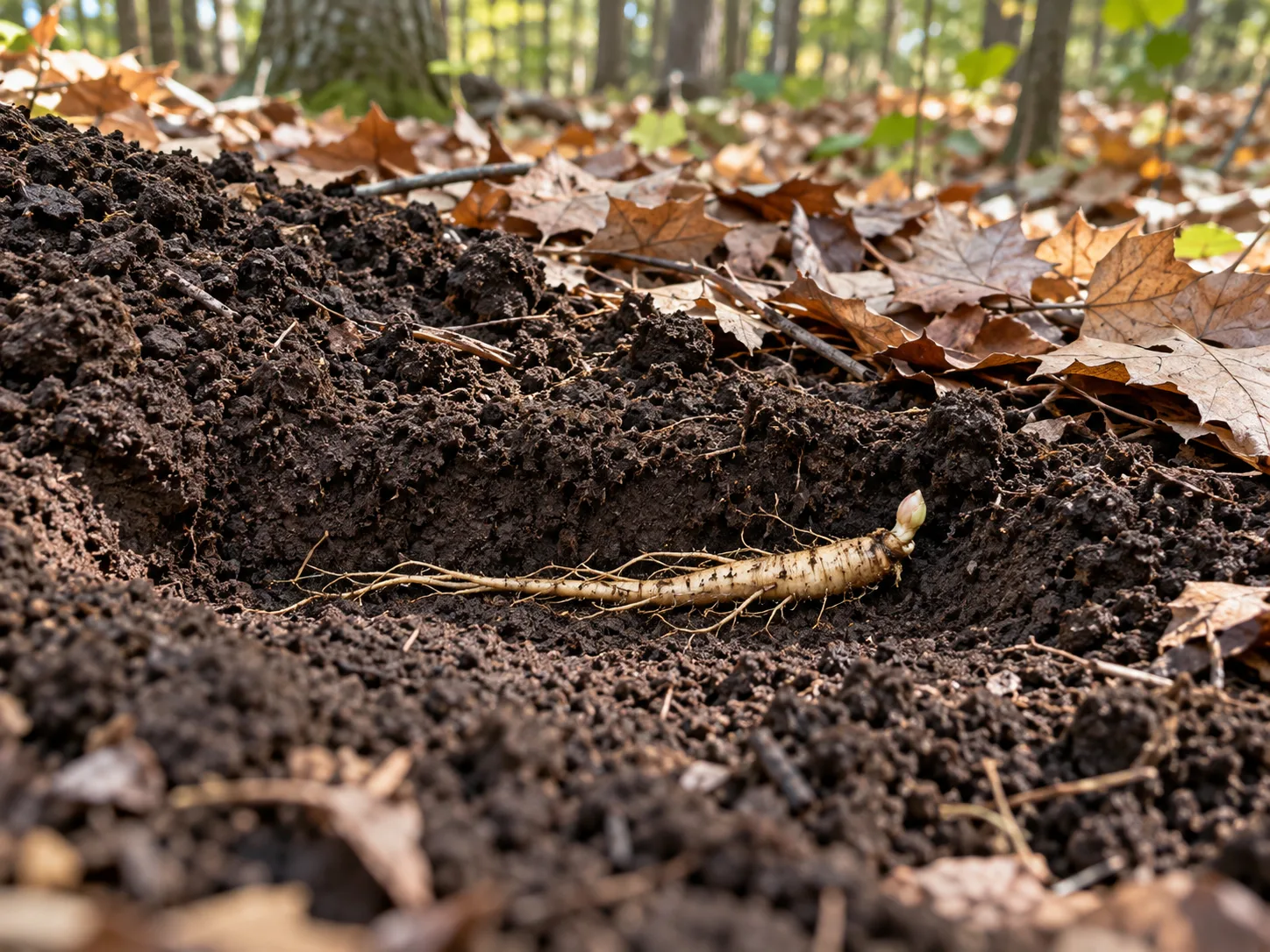An American ginseng rootlet laid sideways in a shallow woodland trench, with its growth bud tilted upward.