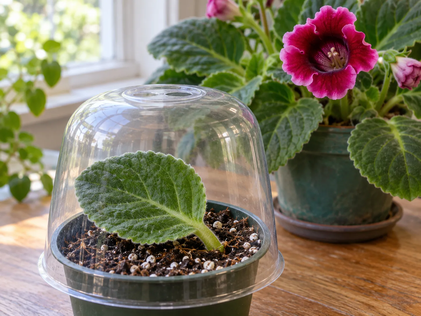 A healthy gloxinia leaf cutting rooted under a clear humidity cover