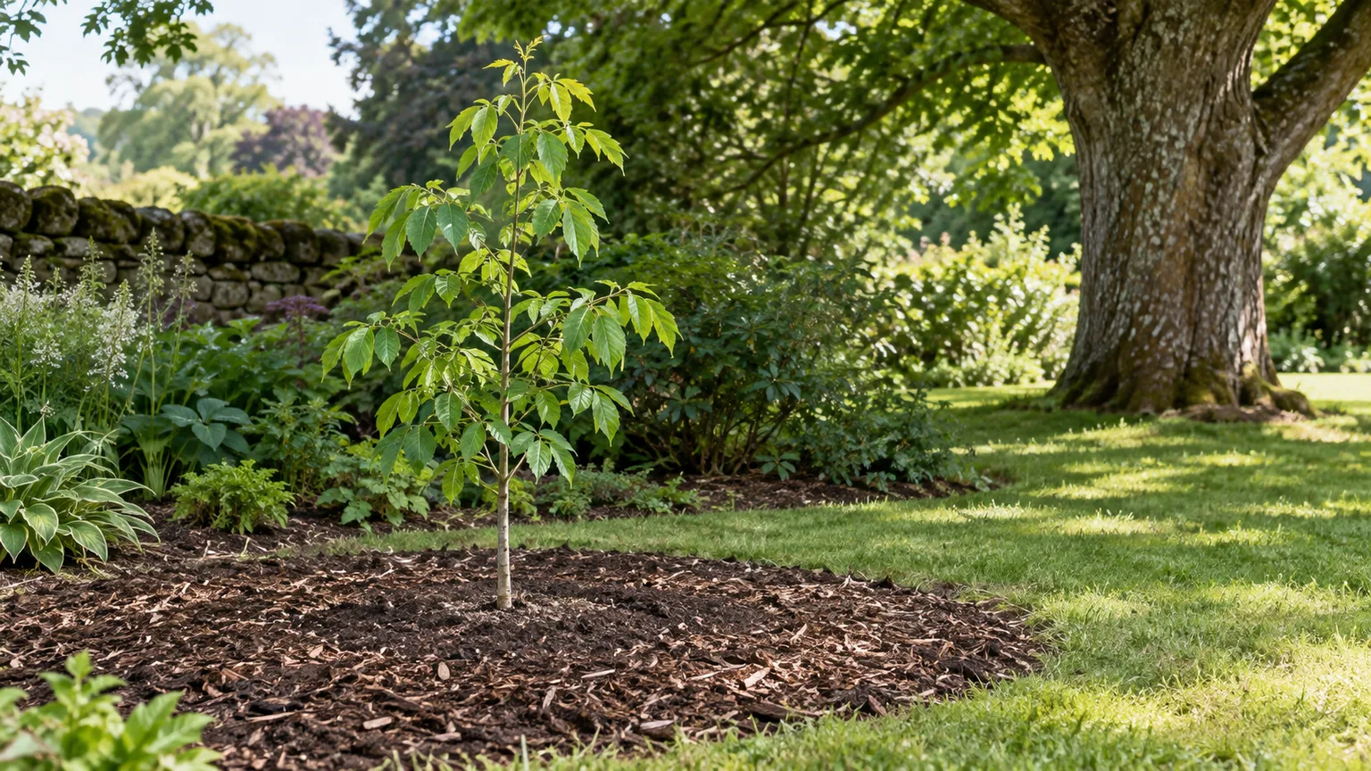 A young golden chain tree planted in a spacious, lightly shaded garden bed with the root zone kept clear of standing water