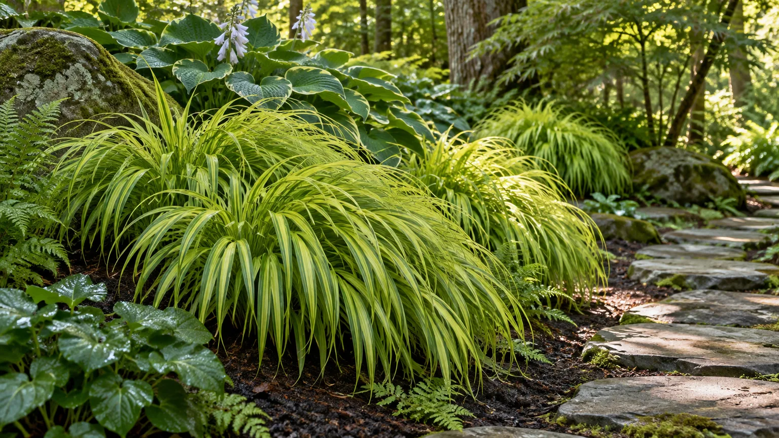 Golden Japanese forest grass in a cool, dappled woodland border beside a stone path