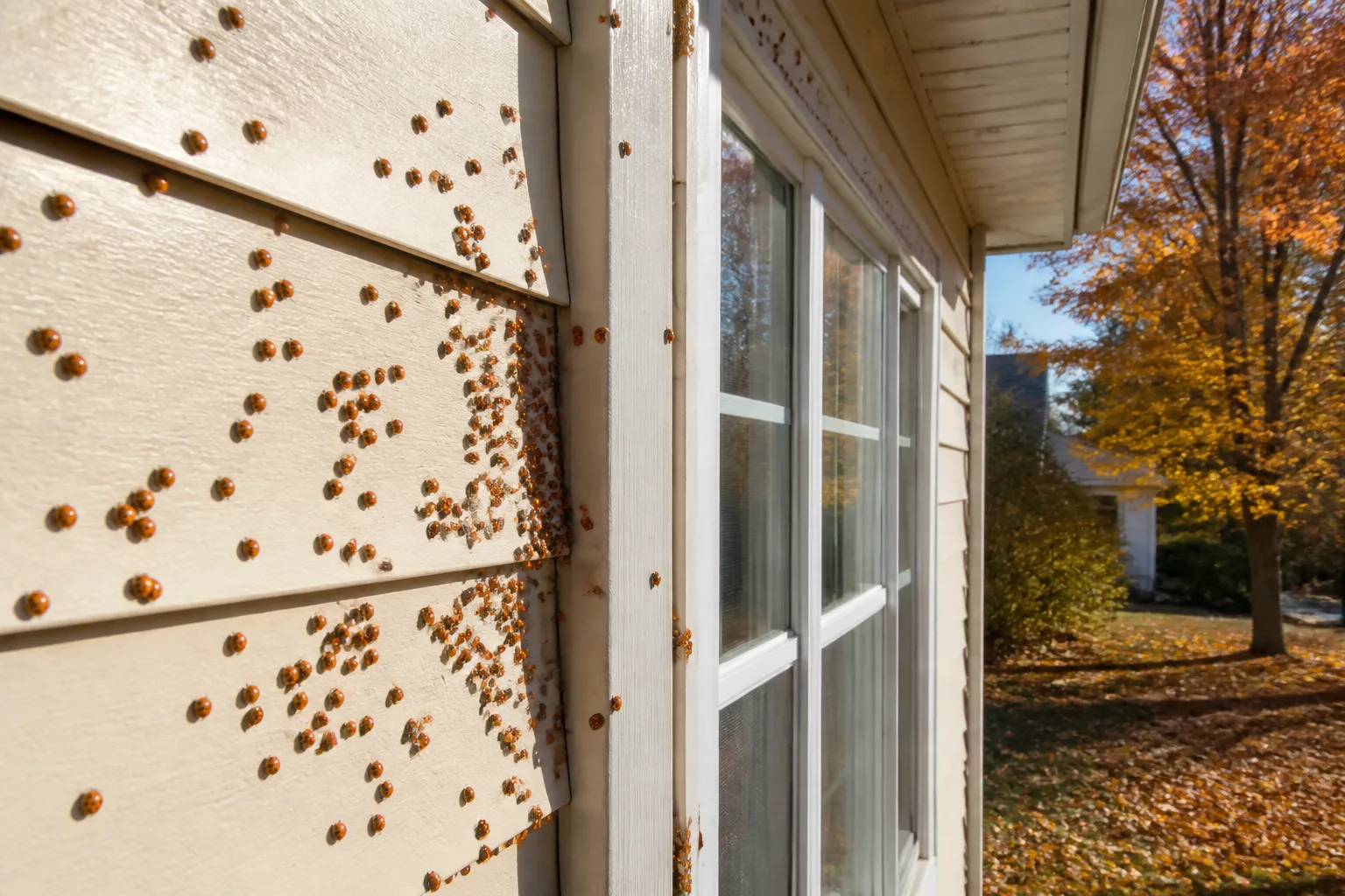 A large group of orange lady beetles gathered on sunlit exterior siding near windows in autumn