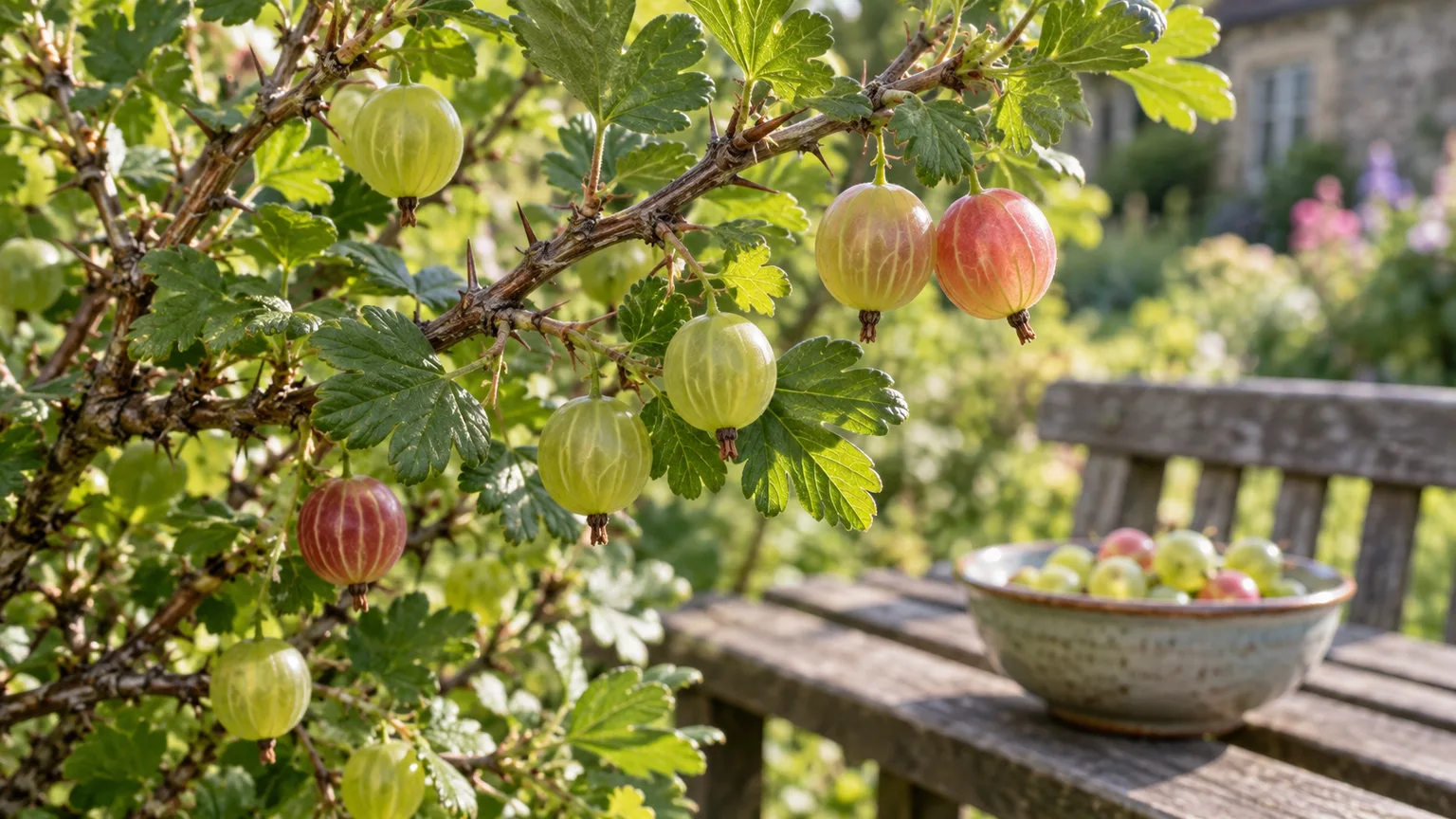 Green and rosy ripe gooseberries on the shrub beside a small bowl of picked fruit