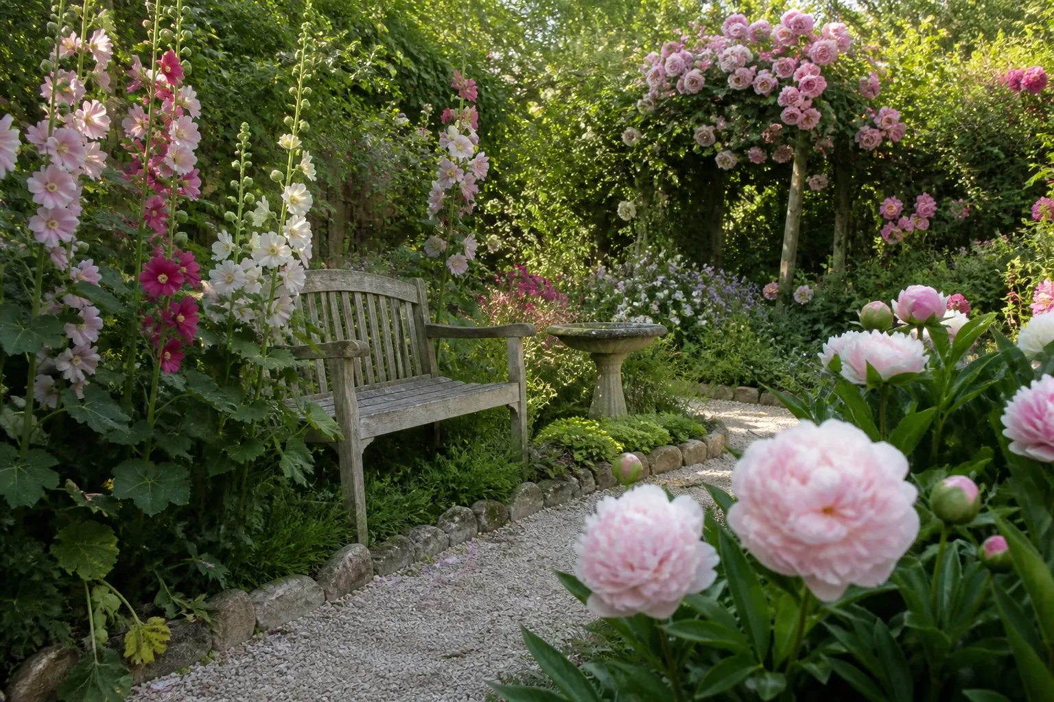 Lush cottage-style garden with layered flowers, a path, and seating