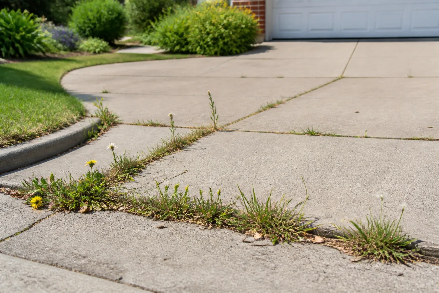 Low prostrate weeds spreading through gaps in a residential concrete sidewalk beside thin summer turf