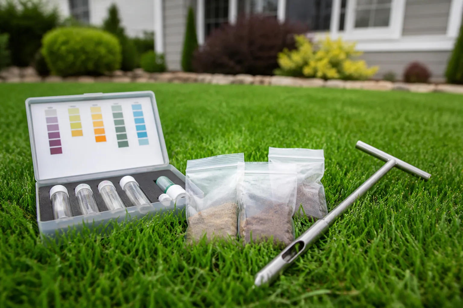Soil testing kit and sample bags on a lawn before seeding