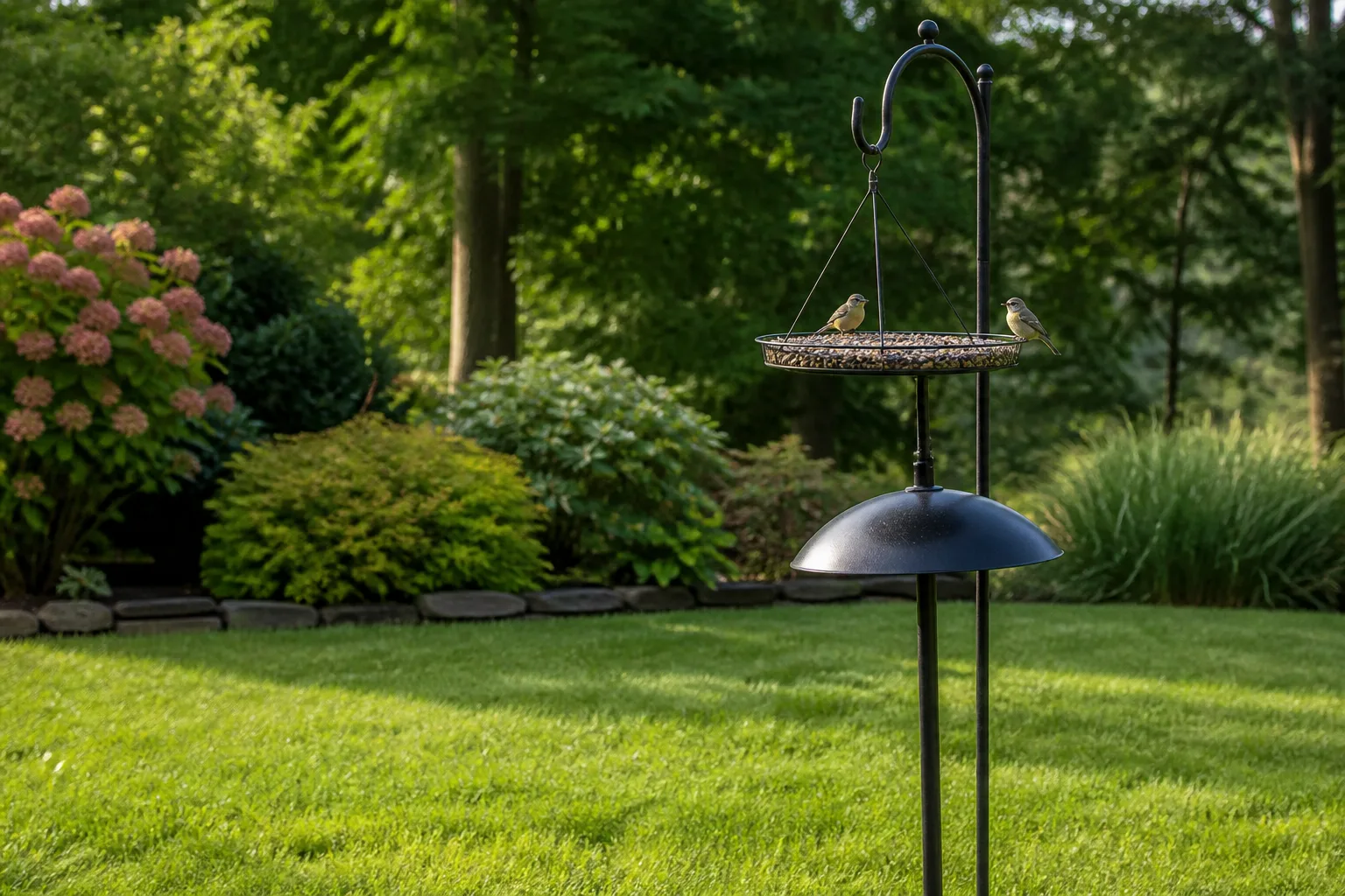 Bird feeder on a pole with a broad squirrel baffle in a sunny backyard
