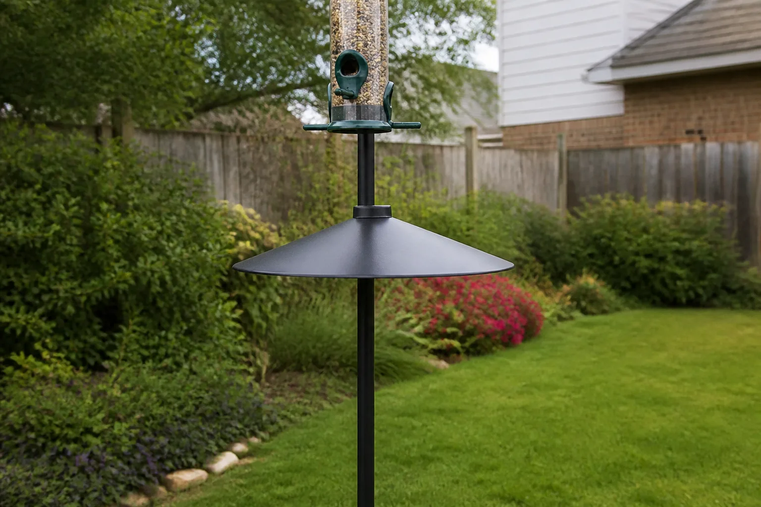 Bird feeder pole with a large squirrel baffle below the hanging station