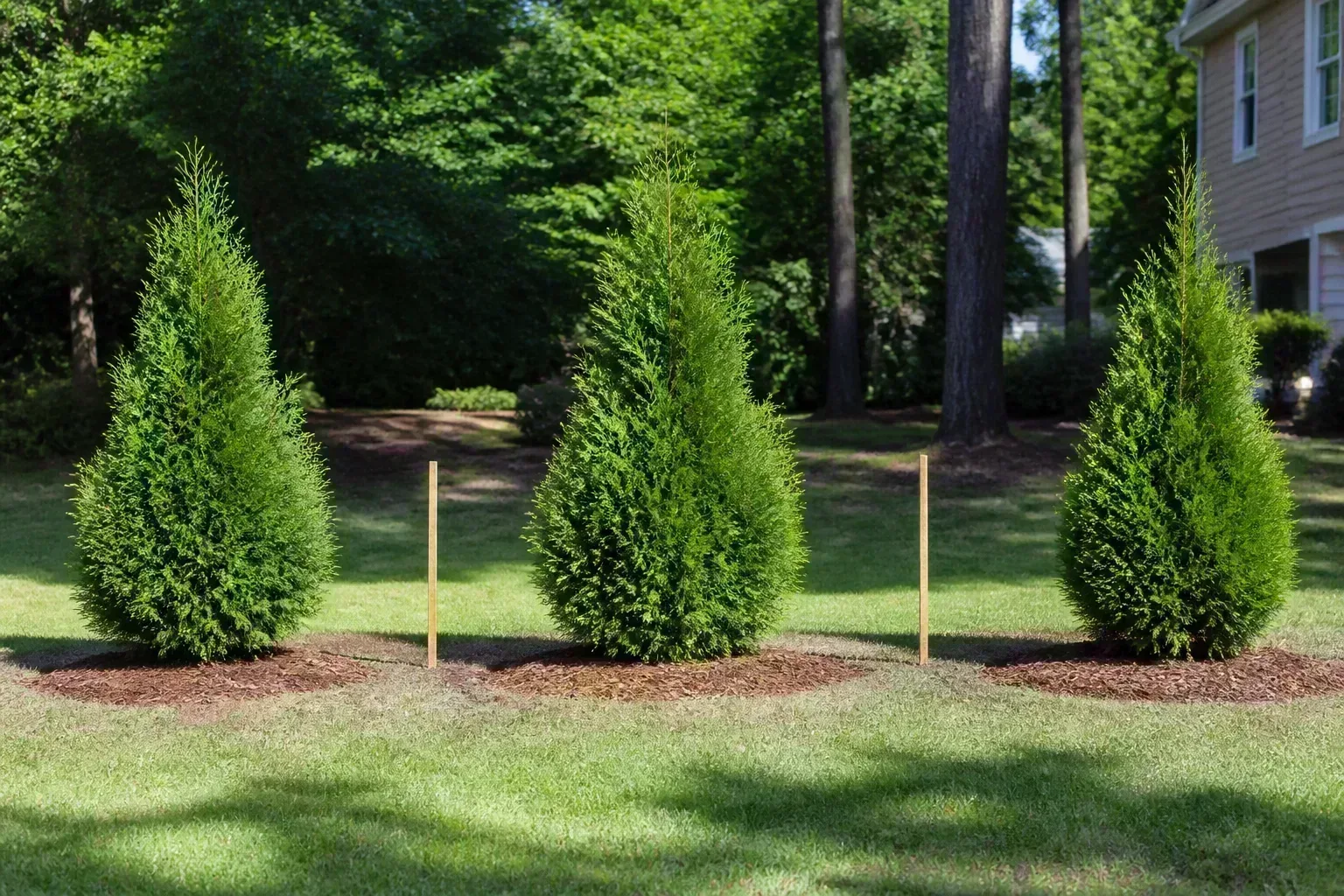 Row of tall evergreen trees spaced evenly along a property line forming a dense privacy screen
