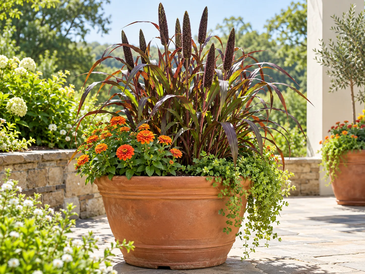 Compact ornamental millet growing in a large, well-drained patio planter with companion flowers.