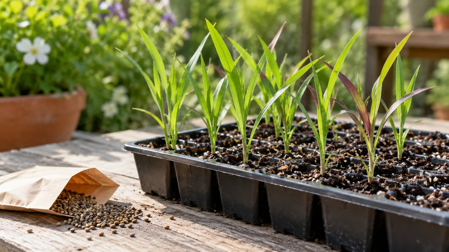 Young ornamental millet seedlings growing in individual cells in a seed-starting tray.
