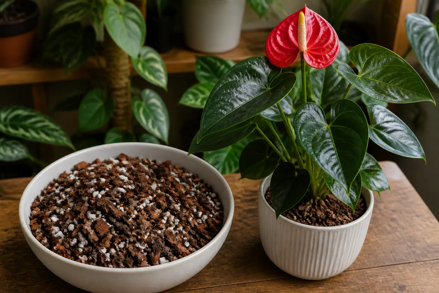 An airy, bark-rich potting mix prepared for anthurium roots