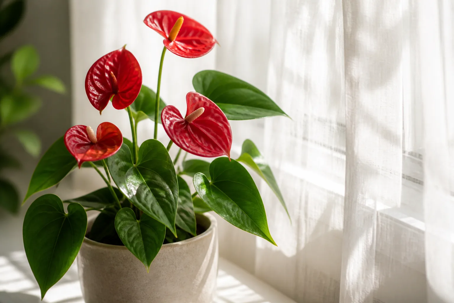 Tropical flowering houseplant in bright indirect light near an east-facing window