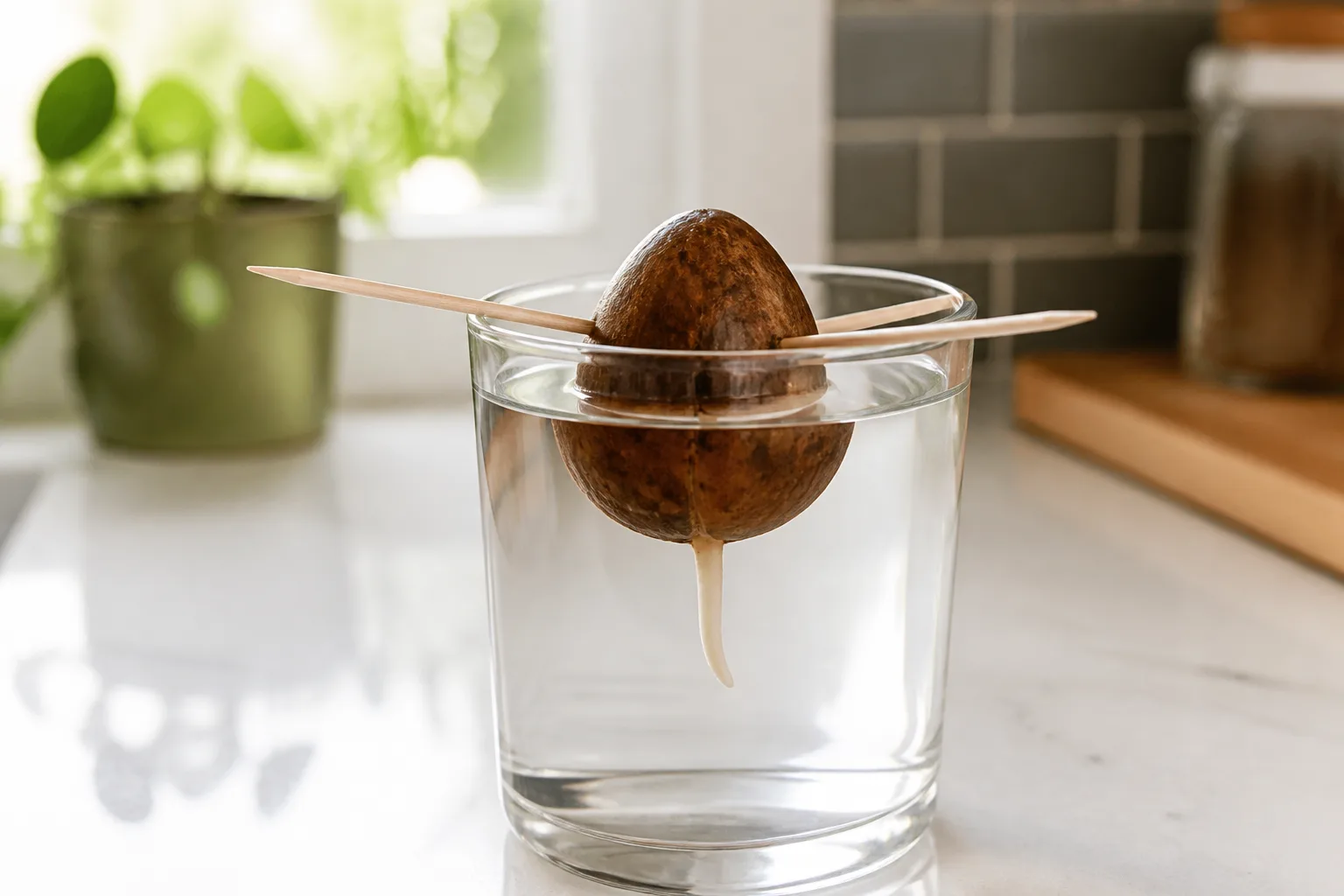 Avocado pit suspended in a glass of water while roots begin to form