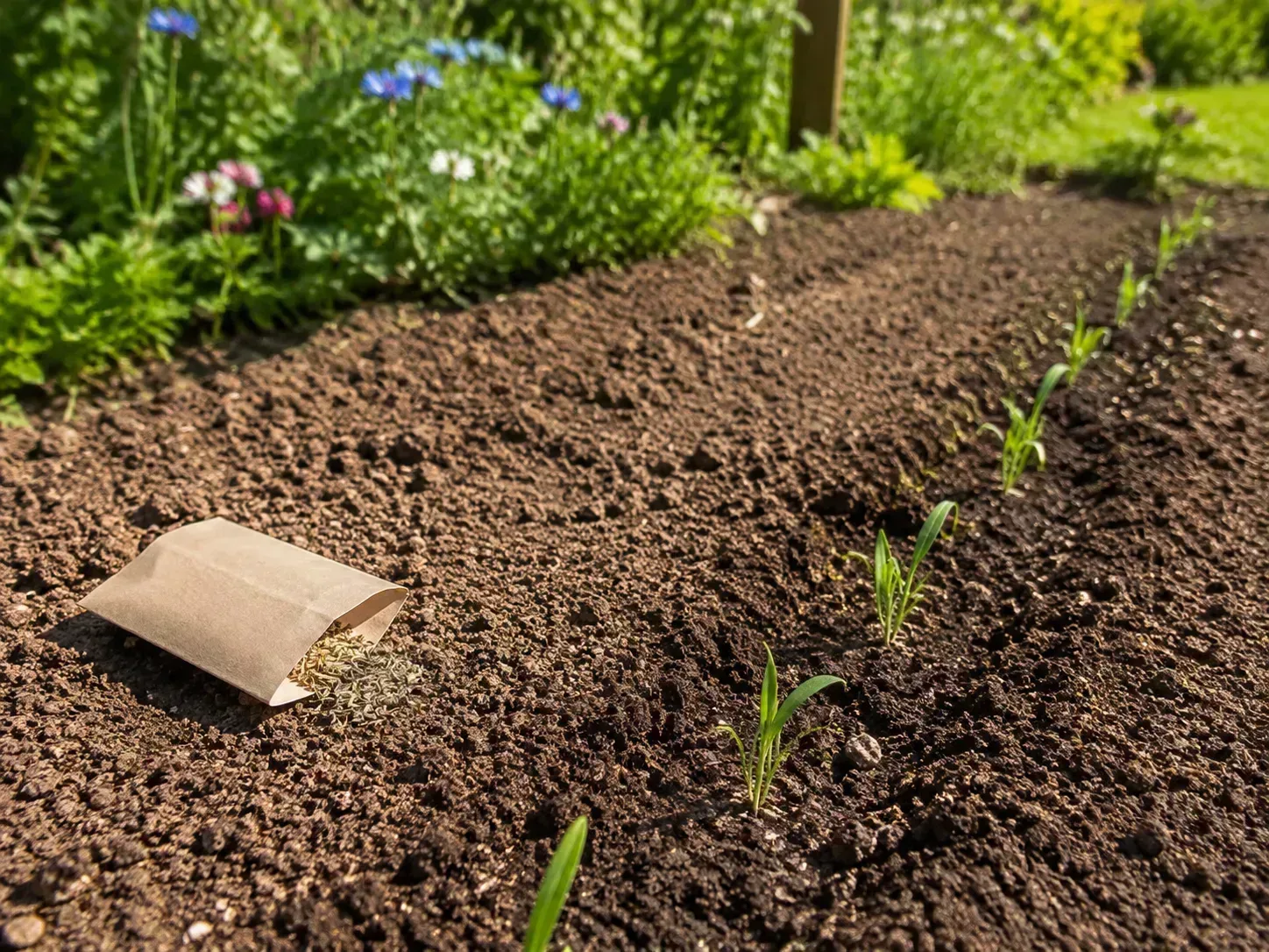 A prepared garden bed with a light covering of flower seed and young sprouts shows the direct-sowing stage.