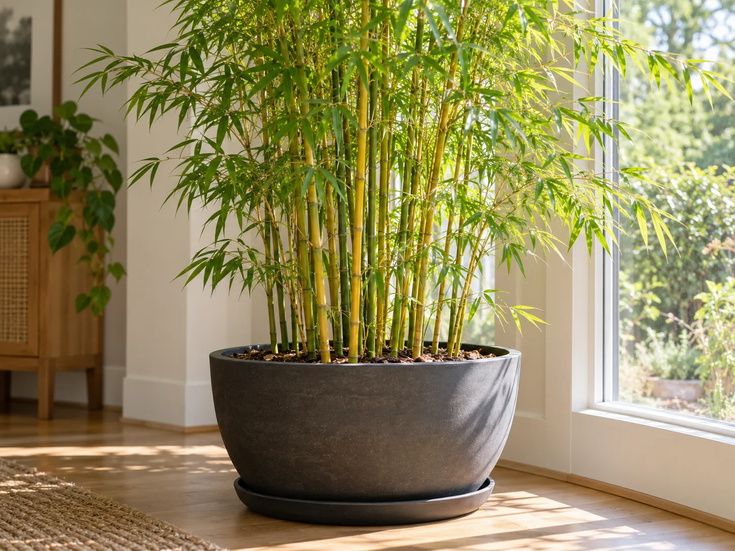 Golden bamboo growing in a broad planter beside a bright indoor window