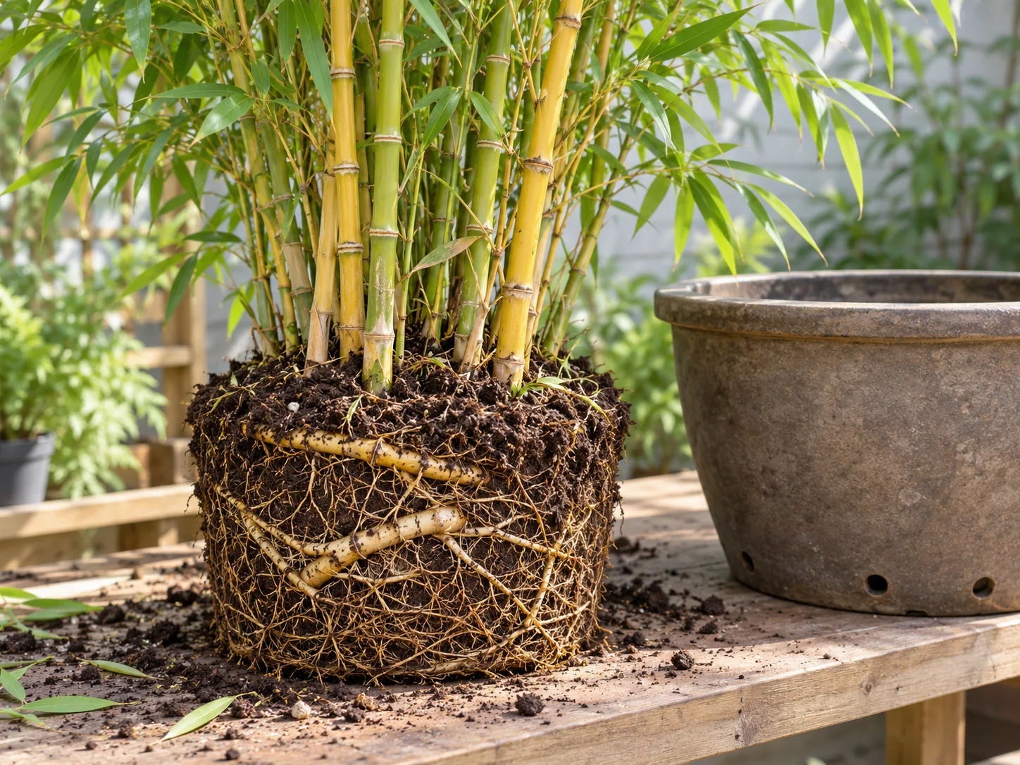 Dense golden bamboo rhizomes and roots ready for division into a broad container