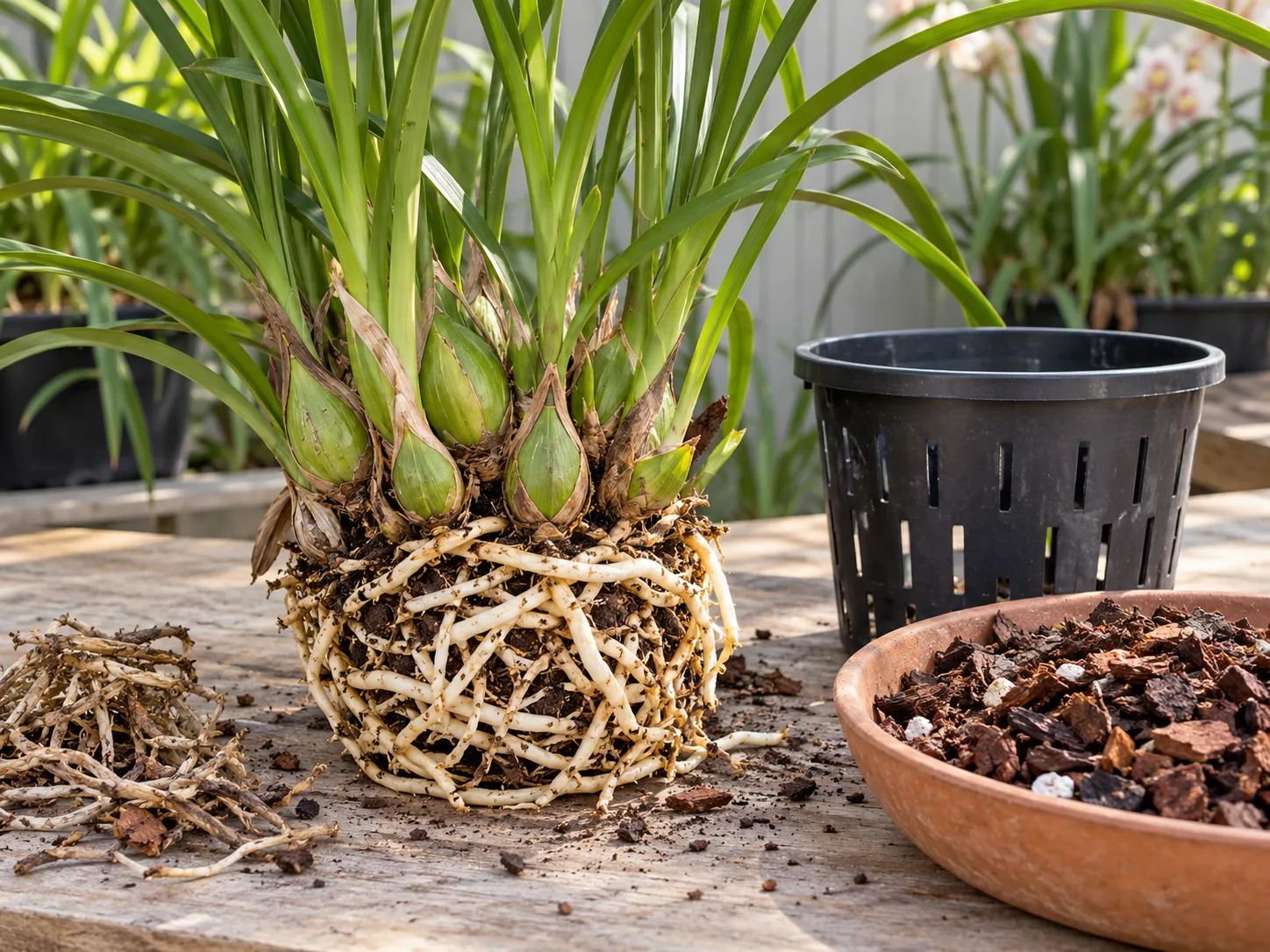 Cymbidium pseudobulbs and roots beside a draining pot and fresh bark-based orchid mix