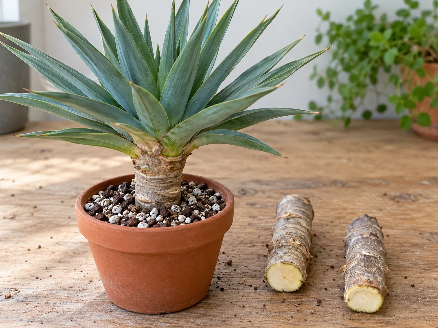 A Dracaena draco crown cutting and cane sections prepared for propagation