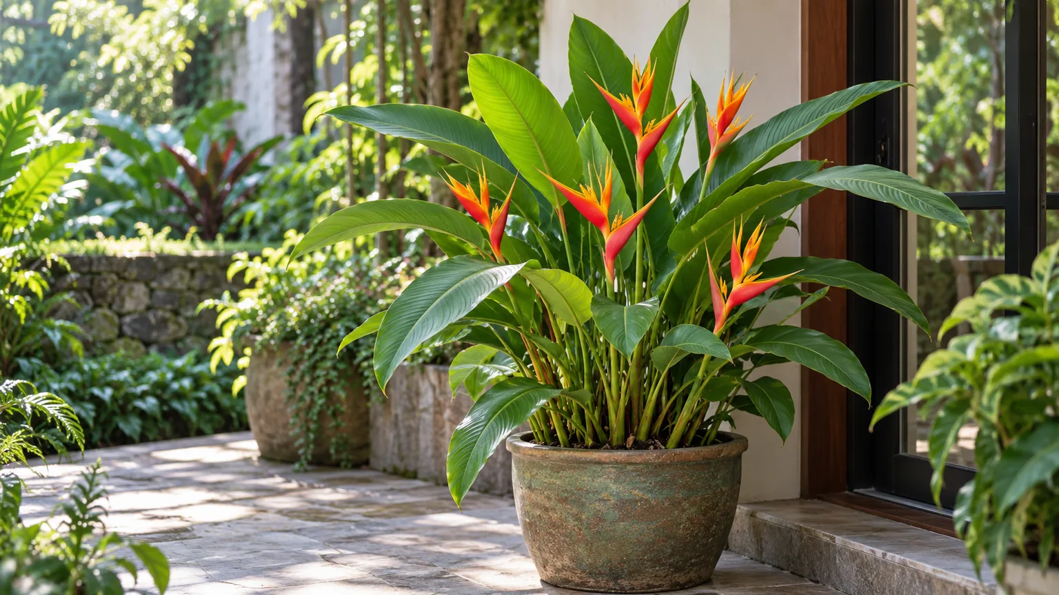 Compact potted Heliconia in a sheltered, dappled-shade patio position near a doorway