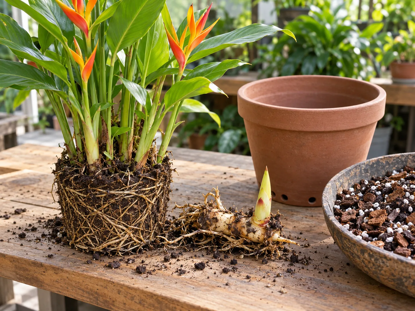 Heliconia clump, rhizome division, drainage pot, and airy potting mix arranged on a potting bench