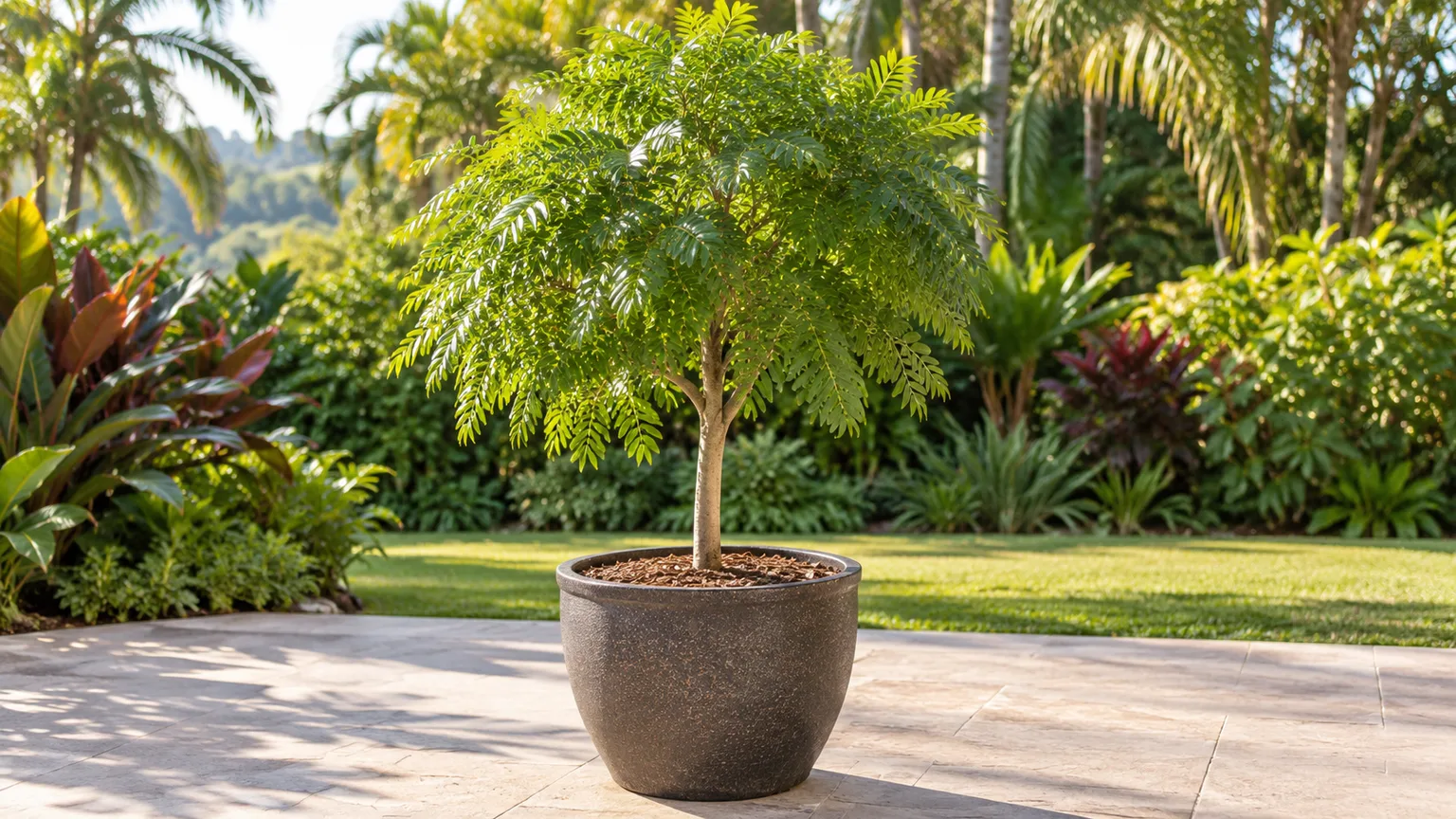 A young Japanese fern tree growing in a large drained container on a warm patio