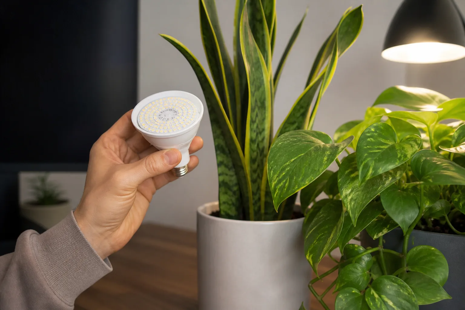 Hand comparing a small LED grow bulb near snake plant and pothos on a desk