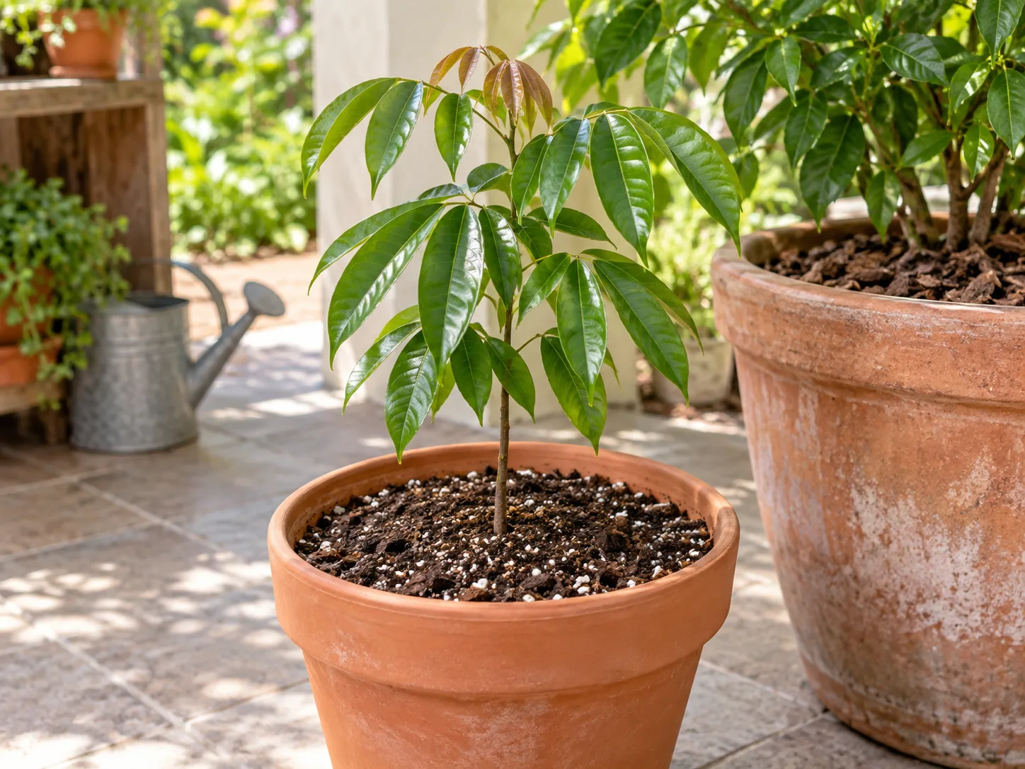 A young lychee seedling growing in a well-drained container on a sheltered patio
