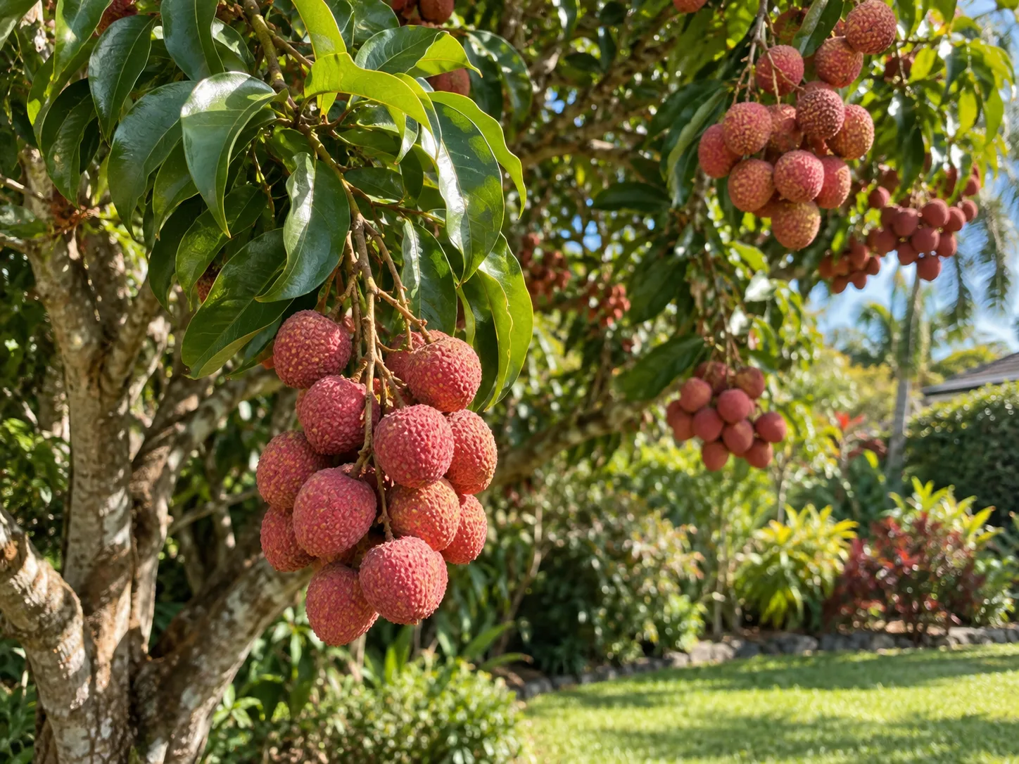 Ripe red lychees hanging in clusters on a mature tree
