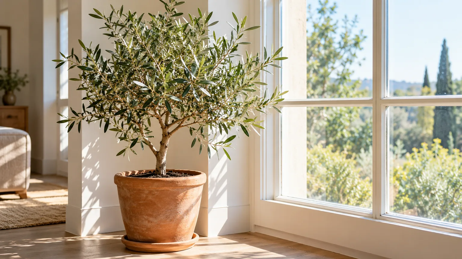 Container-grown olive tree beside a bright south-facing window