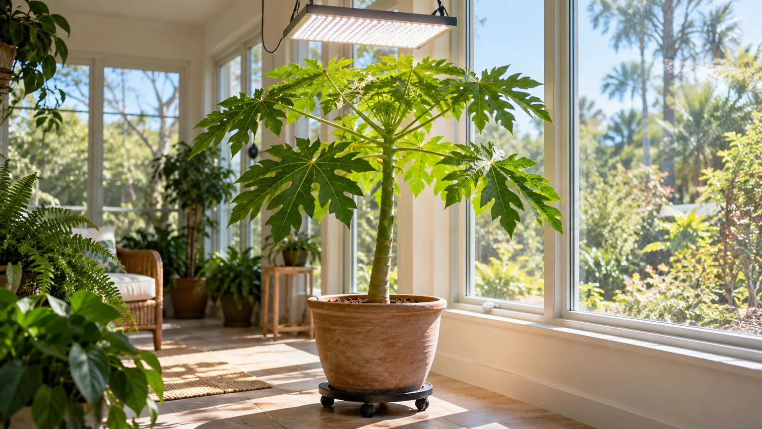 Potted papaya under a supplemental grow light beside a bright window