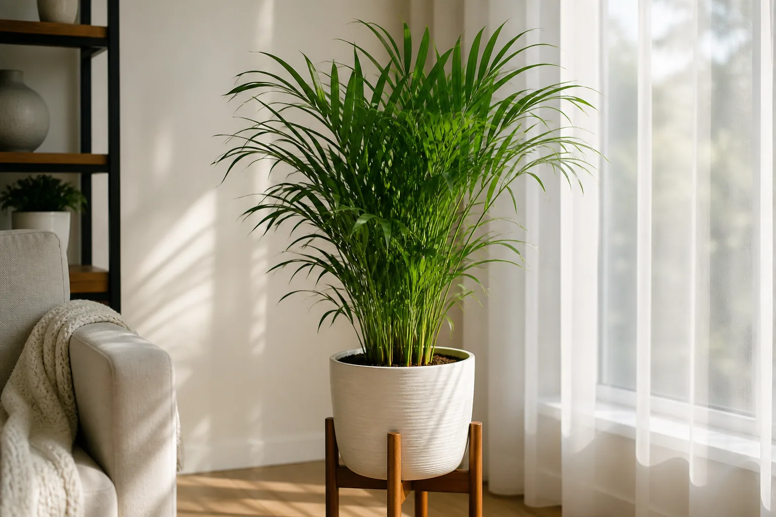 Majesty palm near a bright filtered window with arching fronds