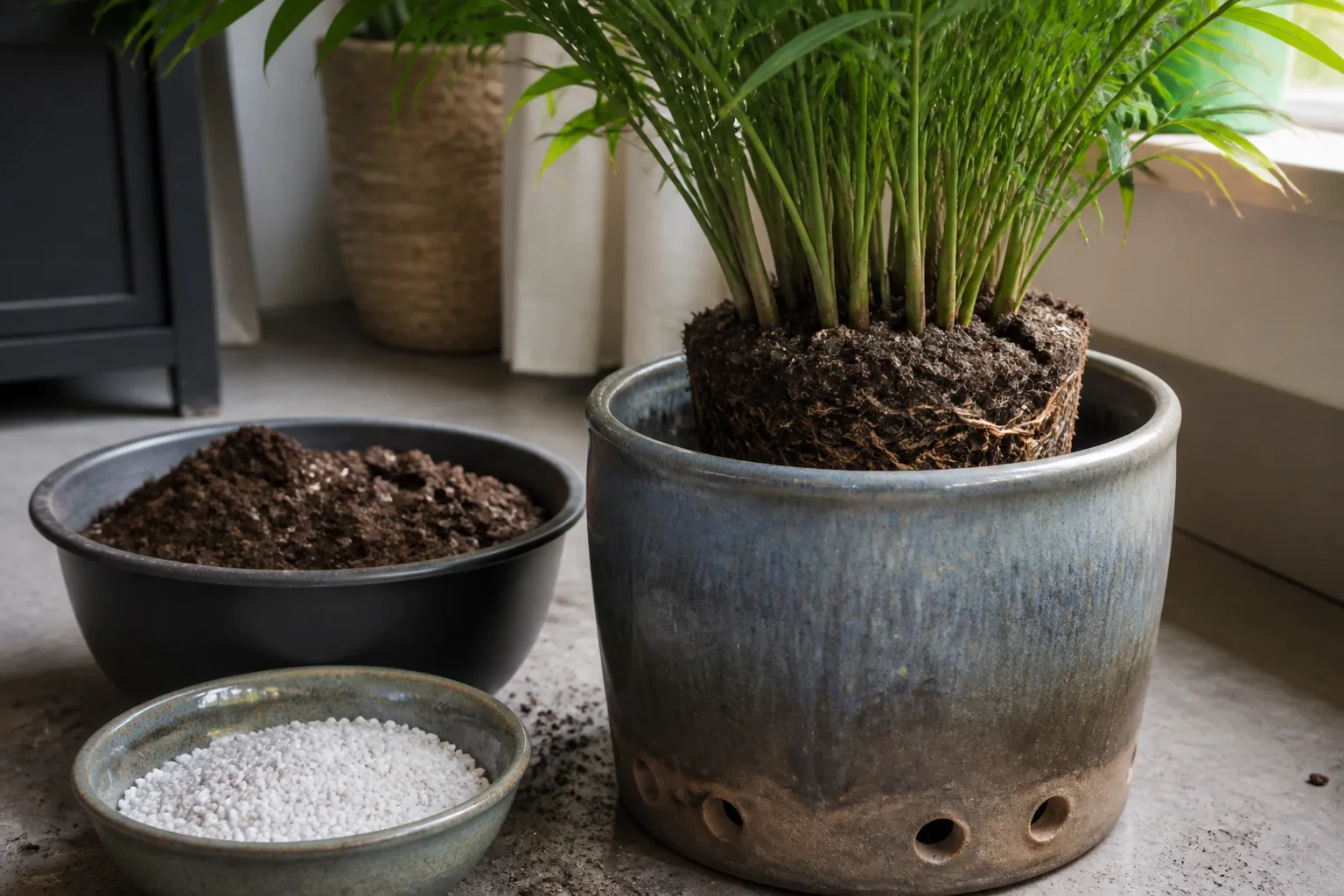 A clumping indoor palm root ball lifted from its drainage pot before repotting