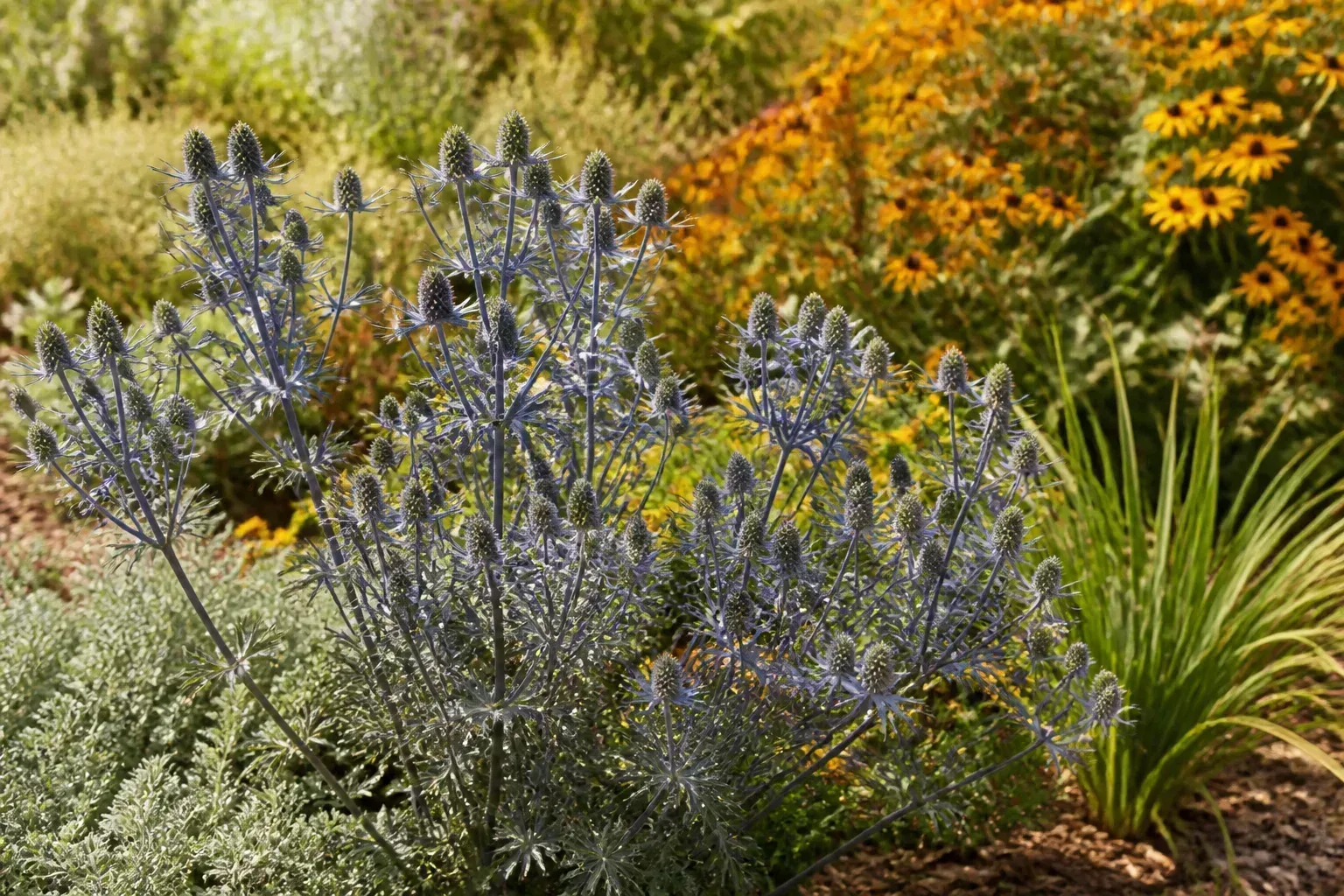 Mixed perennial border showing low, mid, and tall planting layers for depth