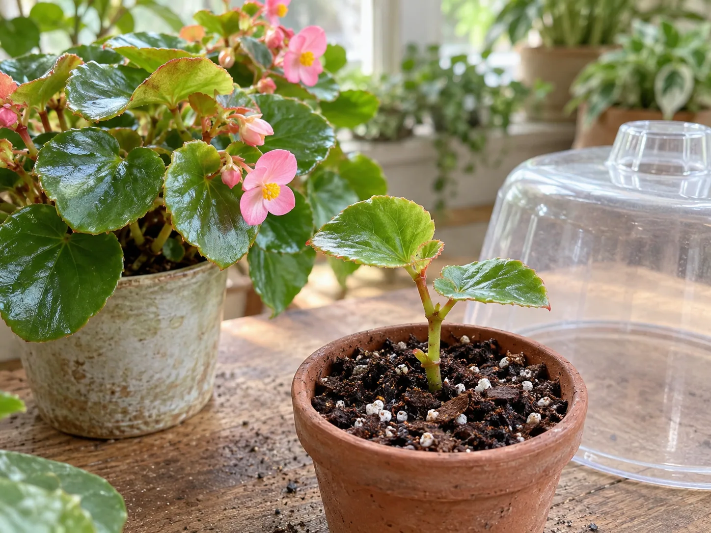 A begonia stem cutting set into a small pot of moist mix