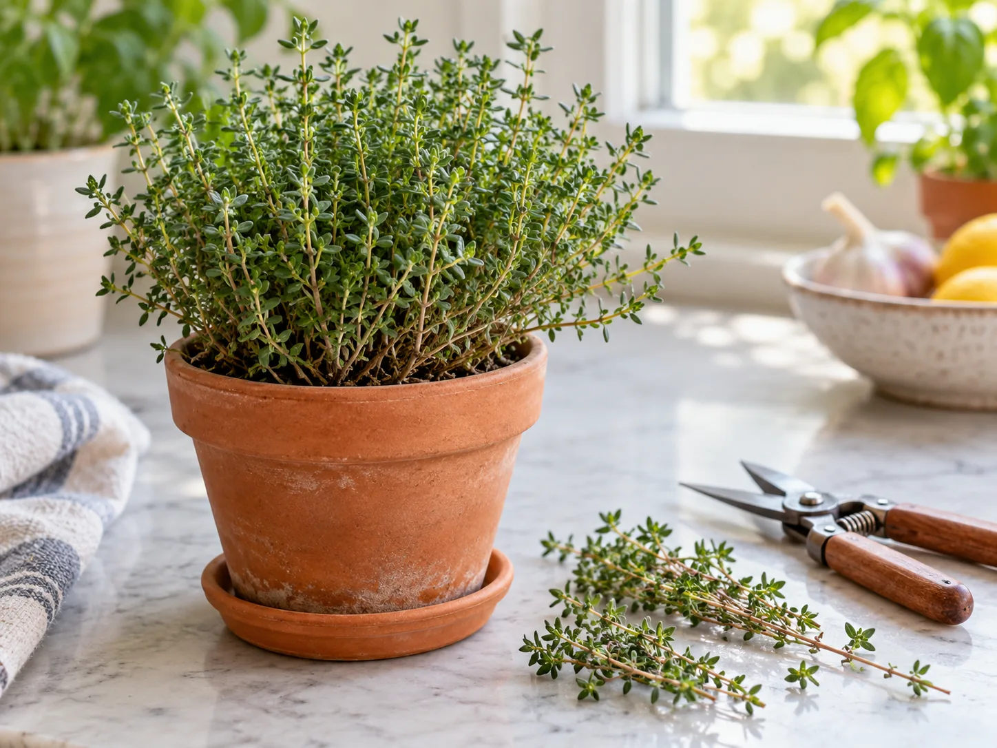 Healthy potted thyme with freshly cut sprigs and clean pruning snips