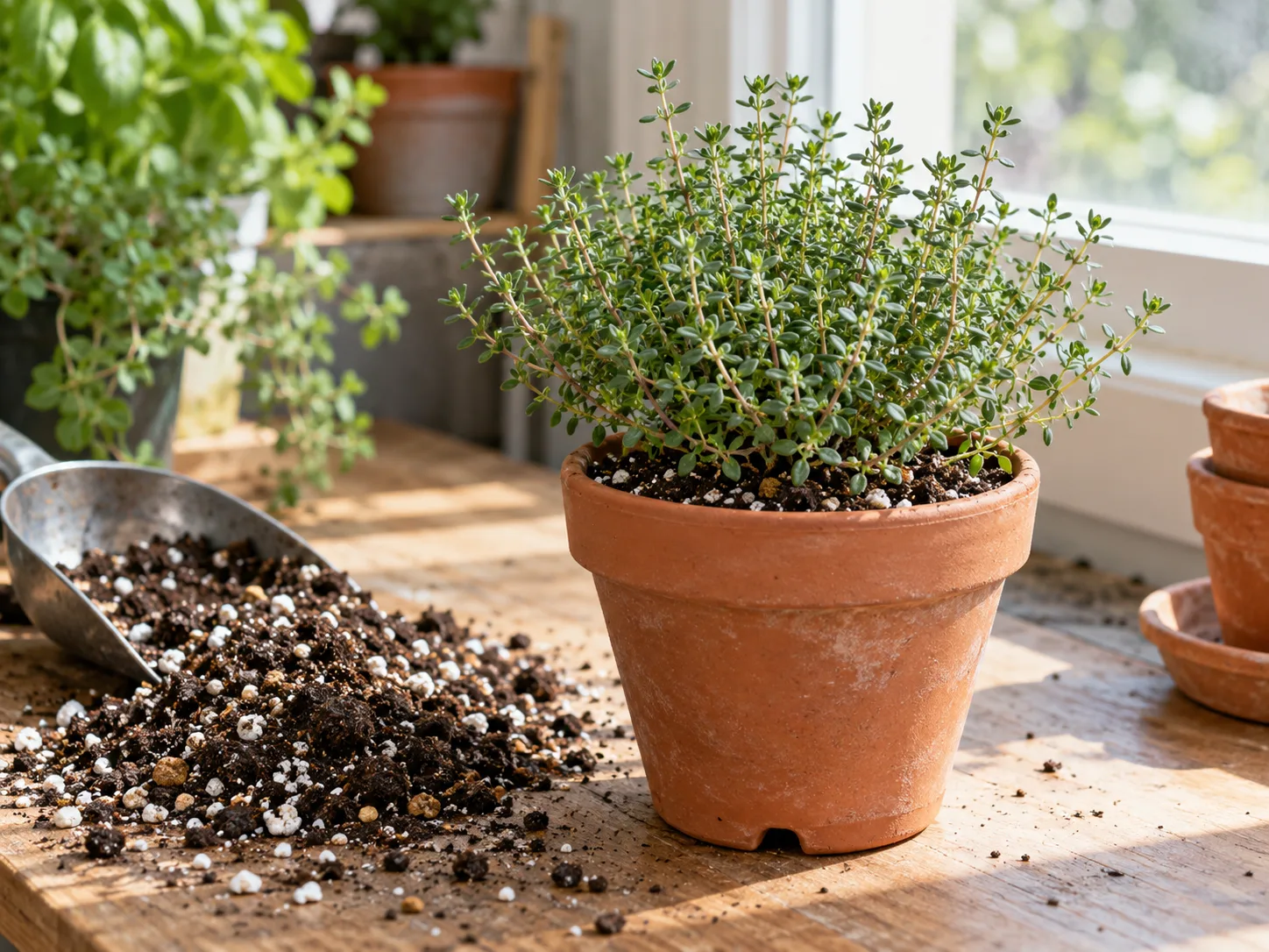 Common thyme in a terracotta pot beside loose gritty potting mix