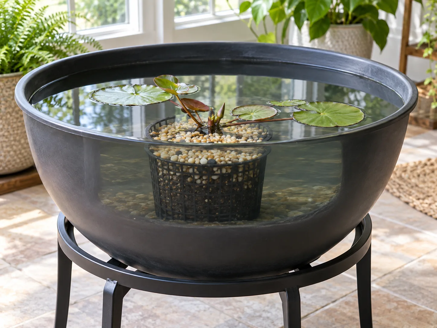 Water lily growing in an aquatic basket submerged in a patio container pond