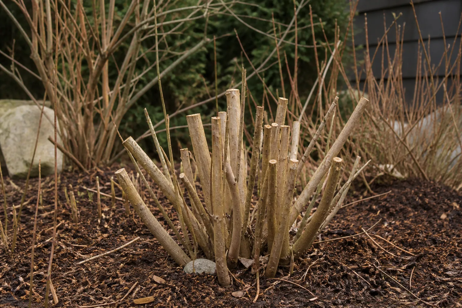 Dormant smoke bush shrub in late winter after coppice rejuvenation pruning with stems cut back to short stubs in a home garden