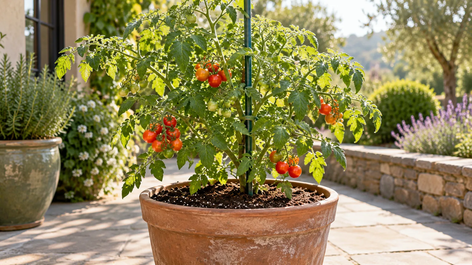 A cherry tomato plant growing in a large patio container with room for its roots and support.