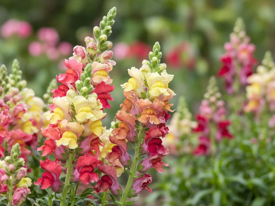 Snapdragon blooms rising above green foliage.
