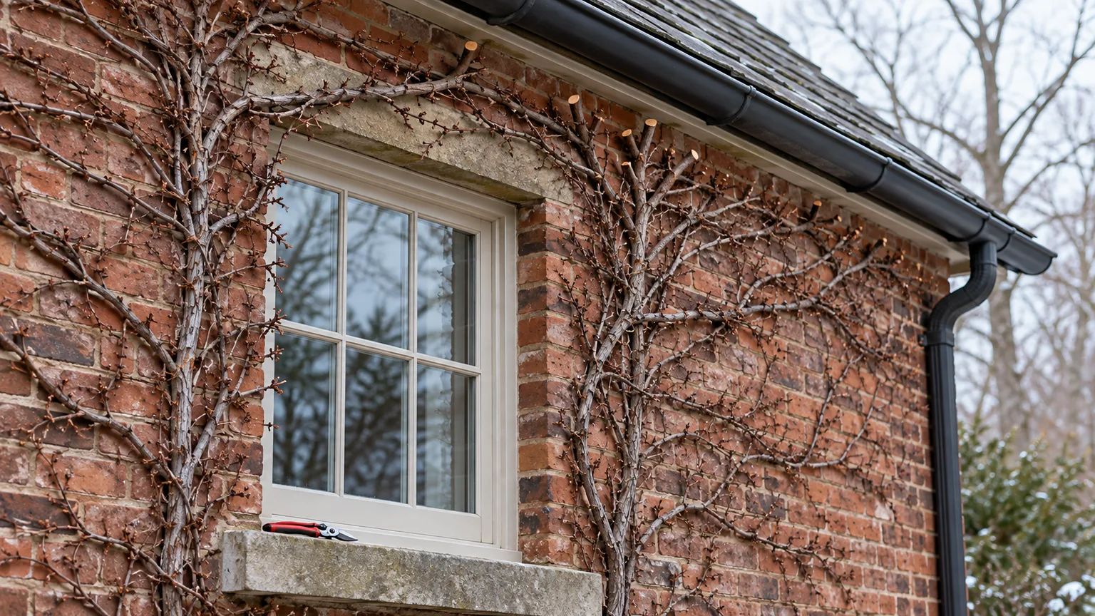 Boston ivy climbing a brick wall around a window, with dormant stems kept clear of the gutter and roof edge